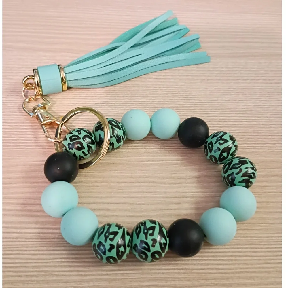 Mint Green Silicone Bead Keychain Bracelet Wristlet with Tassel Leopard Print